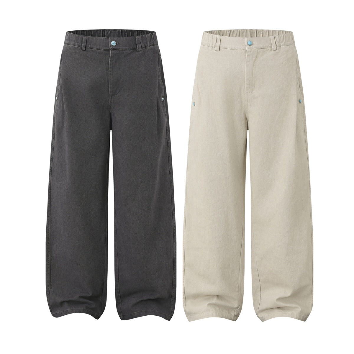 Front view of wide-leg trousers in charcoal and beige, with turquoise buttons and small side details.