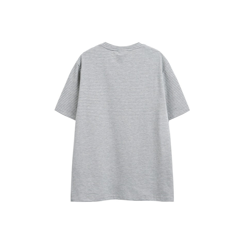 Back view of a gray short-sleeve T-shirt with fine white horizontal stripes, shown flat against a white background.