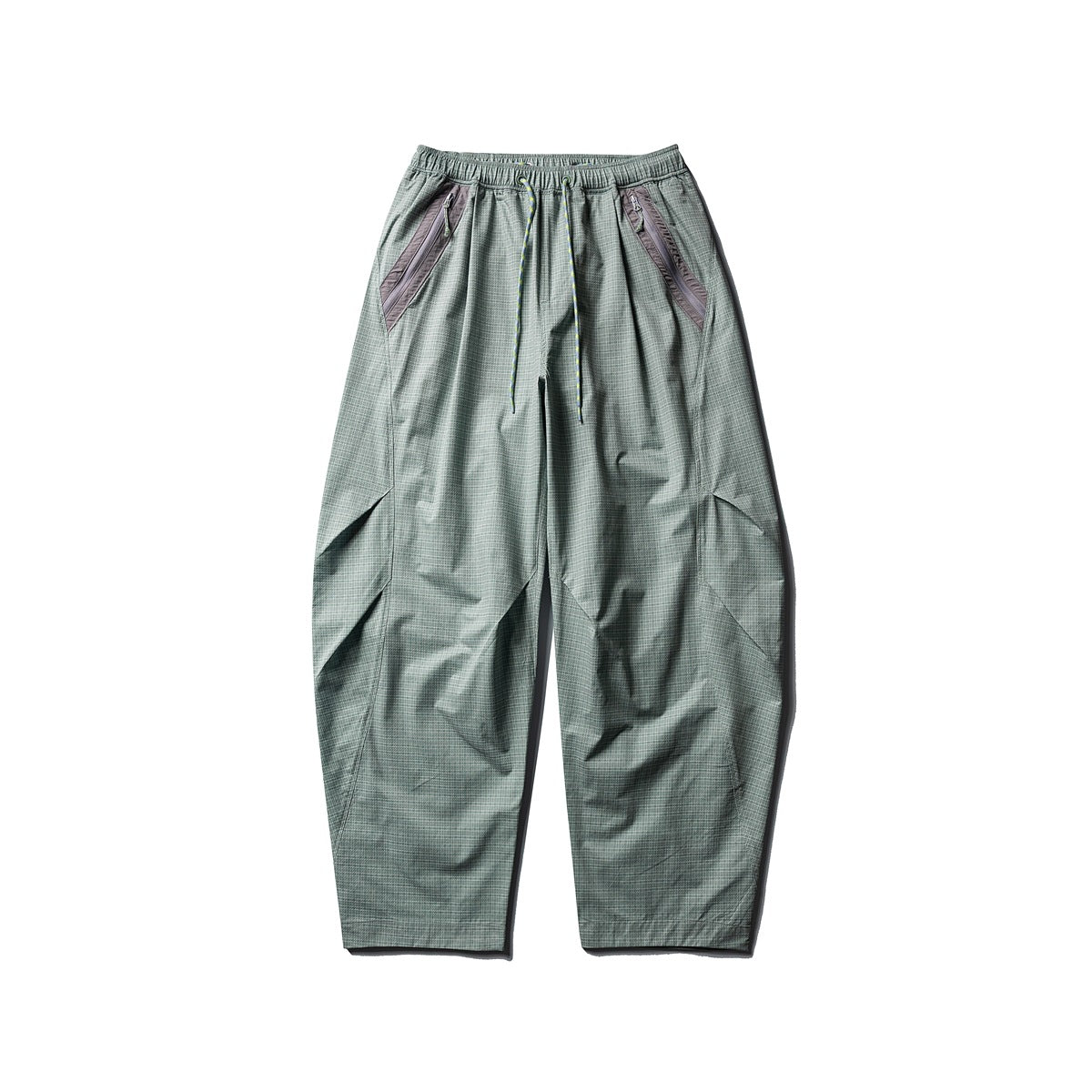 Pale green check wide-leg pants with mauve-gray zip pocket trim and drawstring, flat front view