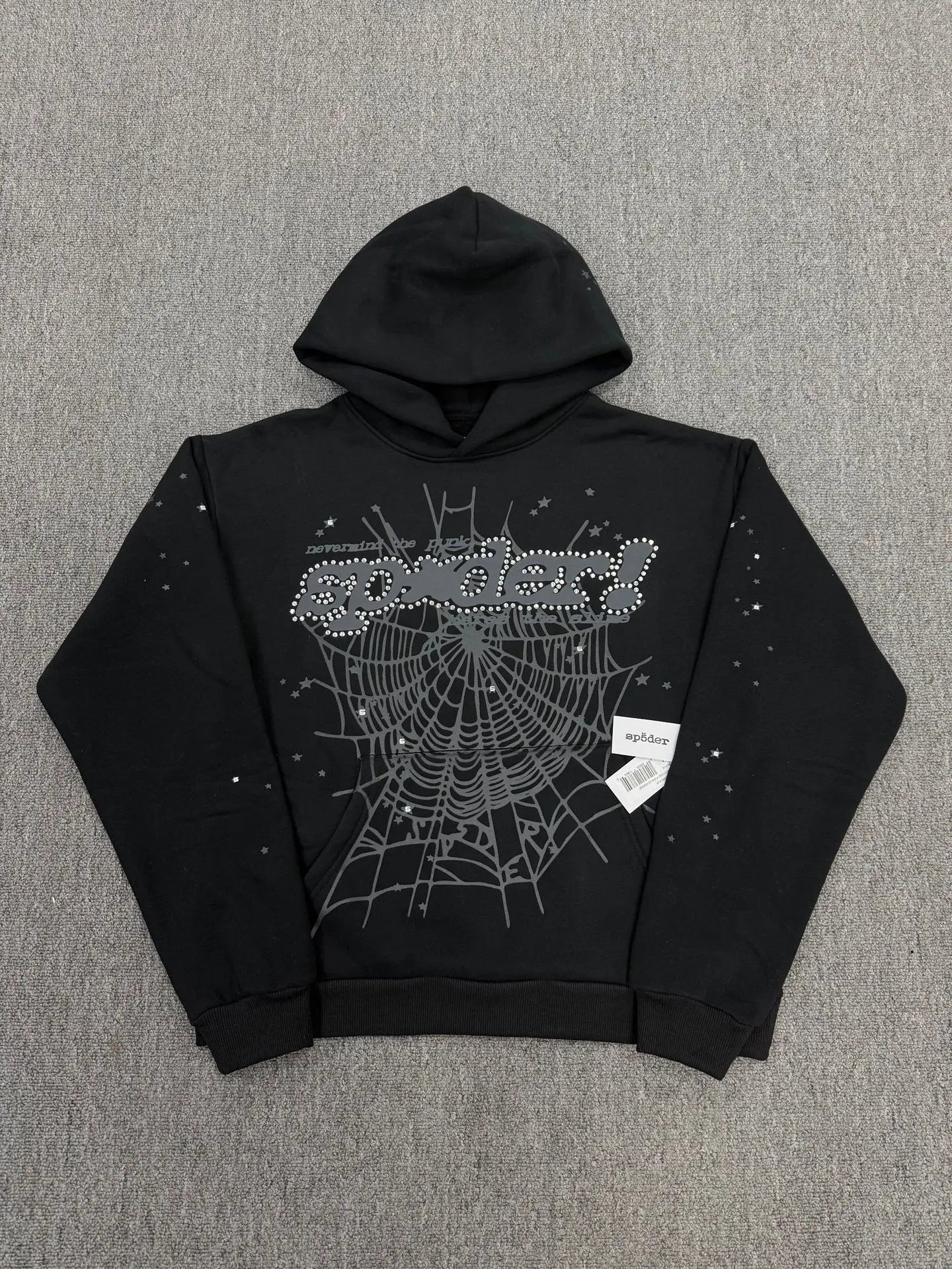 Black Sp5der pullover hoodie with rhinestone logo and spider web graphic print on the chest