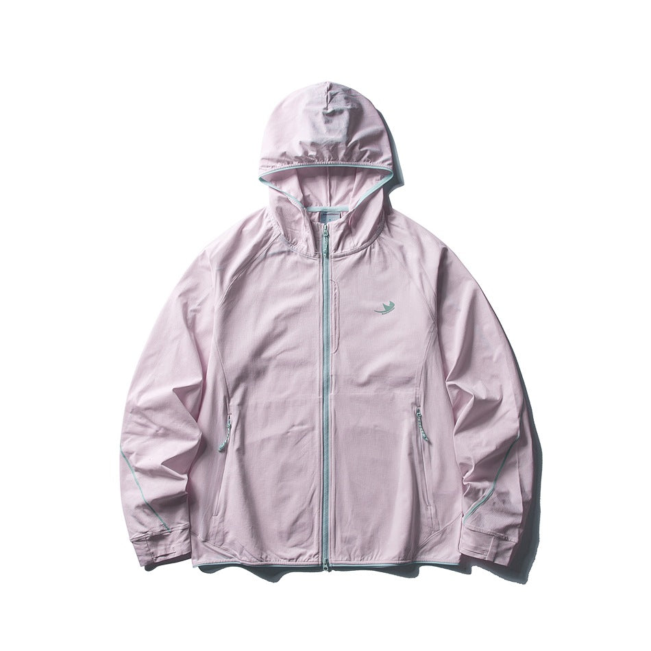 Pink hooded zip-up lightweight jacket flat lay with mint zipper, piping and small chest logo