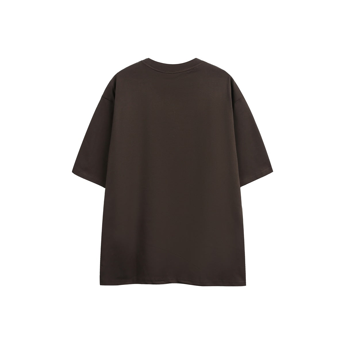 Back view of a plain dark brown short-sleeve crew-neck T-shirt on a white background.