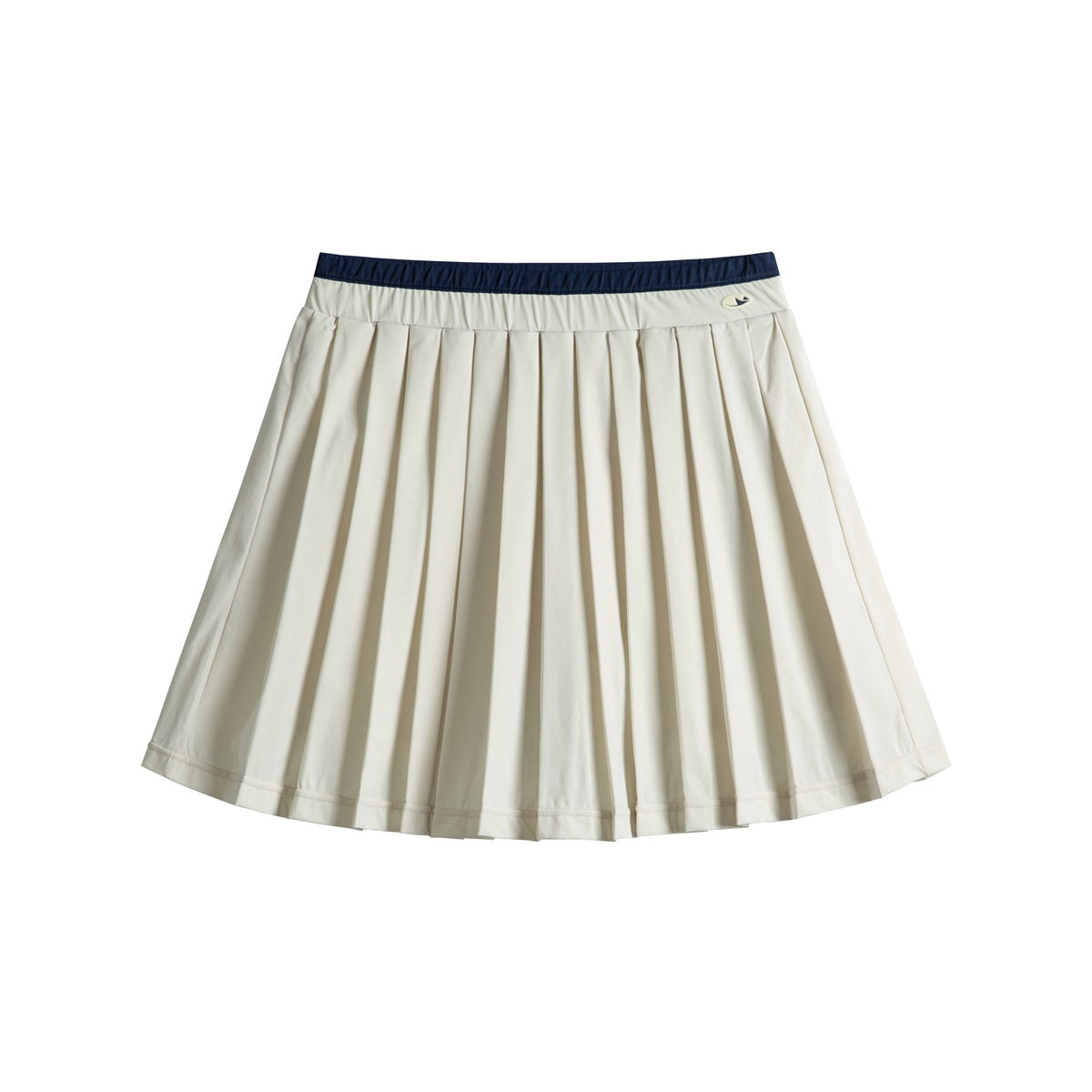 Cream white pleated mini skirt with a navy contrast waistband, front flat view