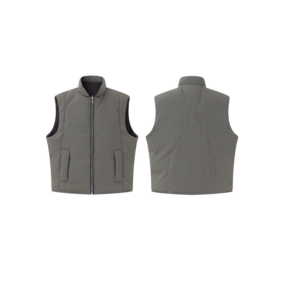 Front and back views of a gray micro-check sleeveless zip vest with a stand collar and two front pockets.
