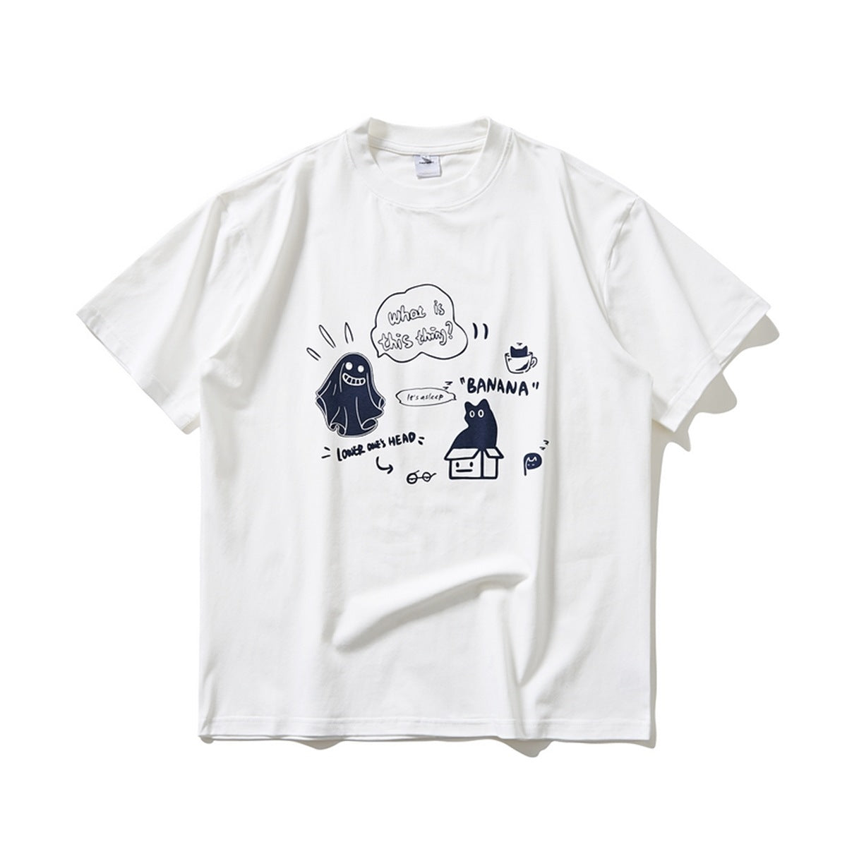 White short-sleeve crew-neck T-shirt with navy ghost, cat and speech bubble doodle print on the chest