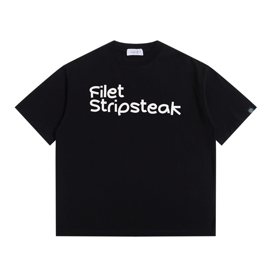 Black short-sleeve crew-neck T-shirt with large white "Filet Stripsteak" print, flat lay front view