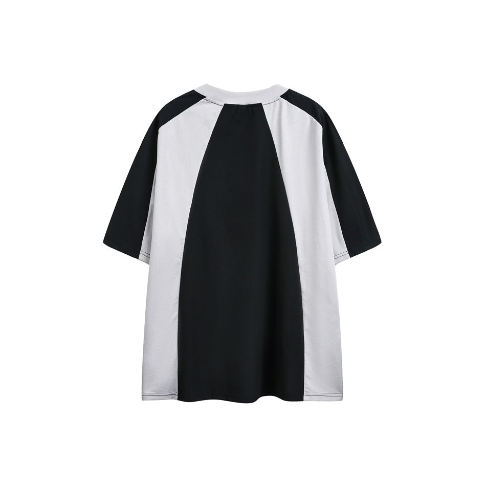 Back view of black and light gray color-block T-shirt with a black center panel and gray sides