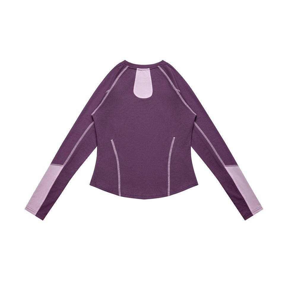 Back view of a plum long-sleeve top with lavender contrast panels at the upper back and sleeve cuffs.
