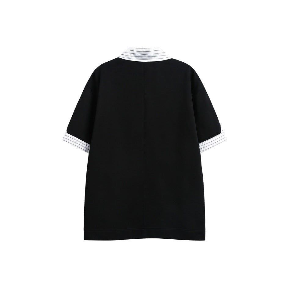 Back view of a black short-sleeve top with a striped collar and striped sleeve cuffs.
