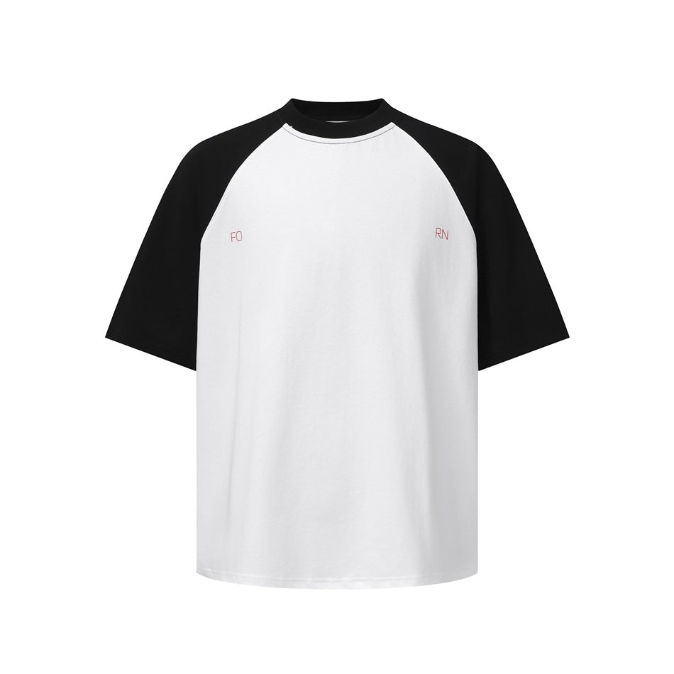 Front view of a white raglan T-shirt with black sleeves and collar, plus small red “FO” and “RN” chest lettering.