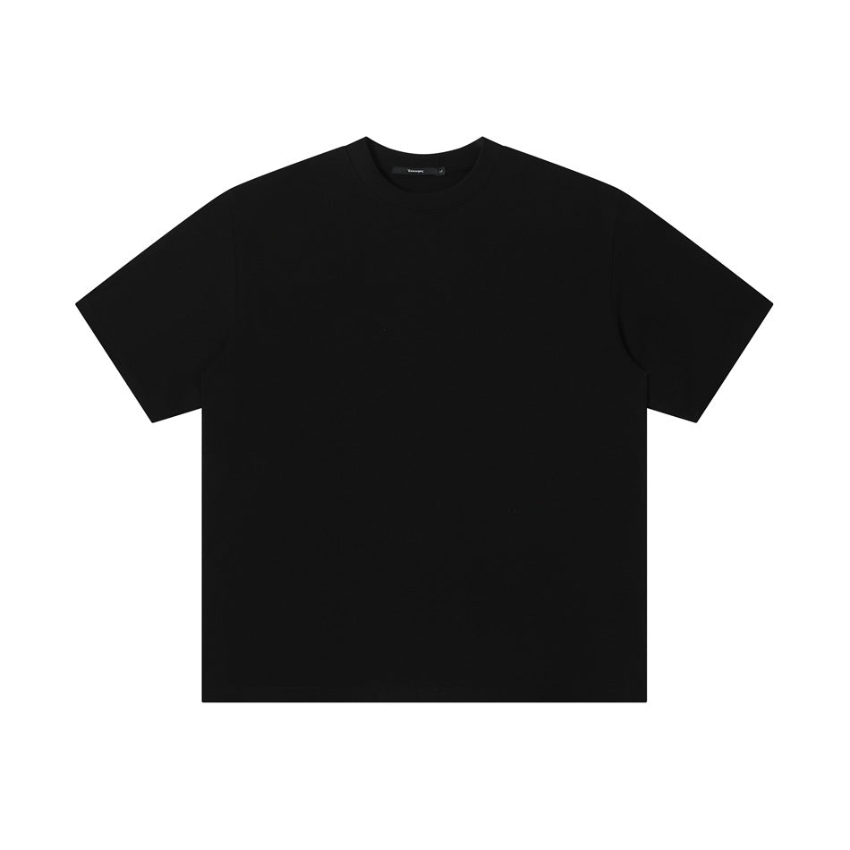 Black short-sleeve crew neck T-shirt, front flat lay view