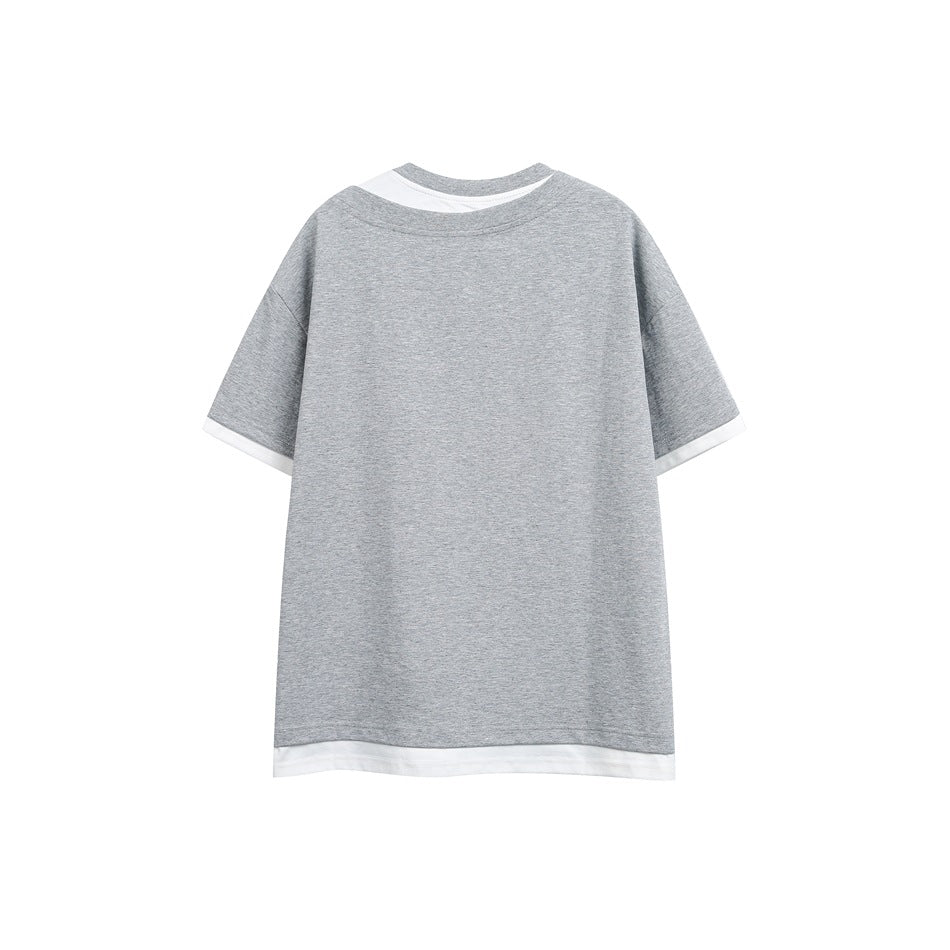 Back view of a heather-gray T-shirt with white layered trim at the collar, sleeve edges, and hem.