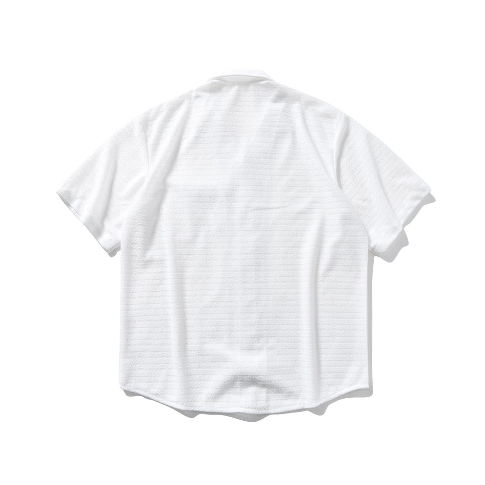 White short-sleeve textured striped shirt, flat lay back view