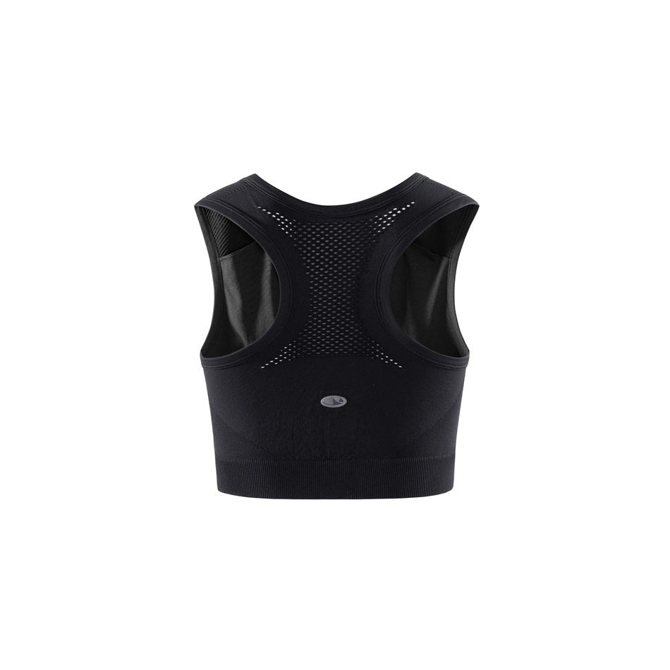 Back view of a black cropped sports bra with a perforated racerback panel and wide ribbed hem.