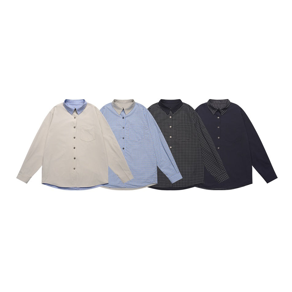 Four long-sleeve button-up shirts shown from the front in cream, blue plaid, black plaid, and navy.