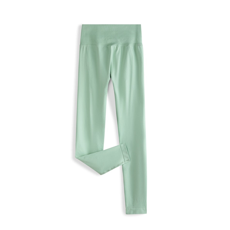 Palm green high-waisted ankle-length leggings laid flat with one leg folded