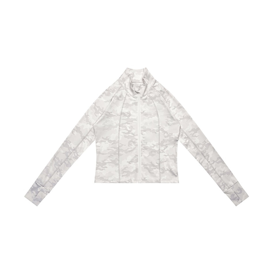 Light gray tonal camouflage zip-up cropped jacket with stand collar, flat lay front view