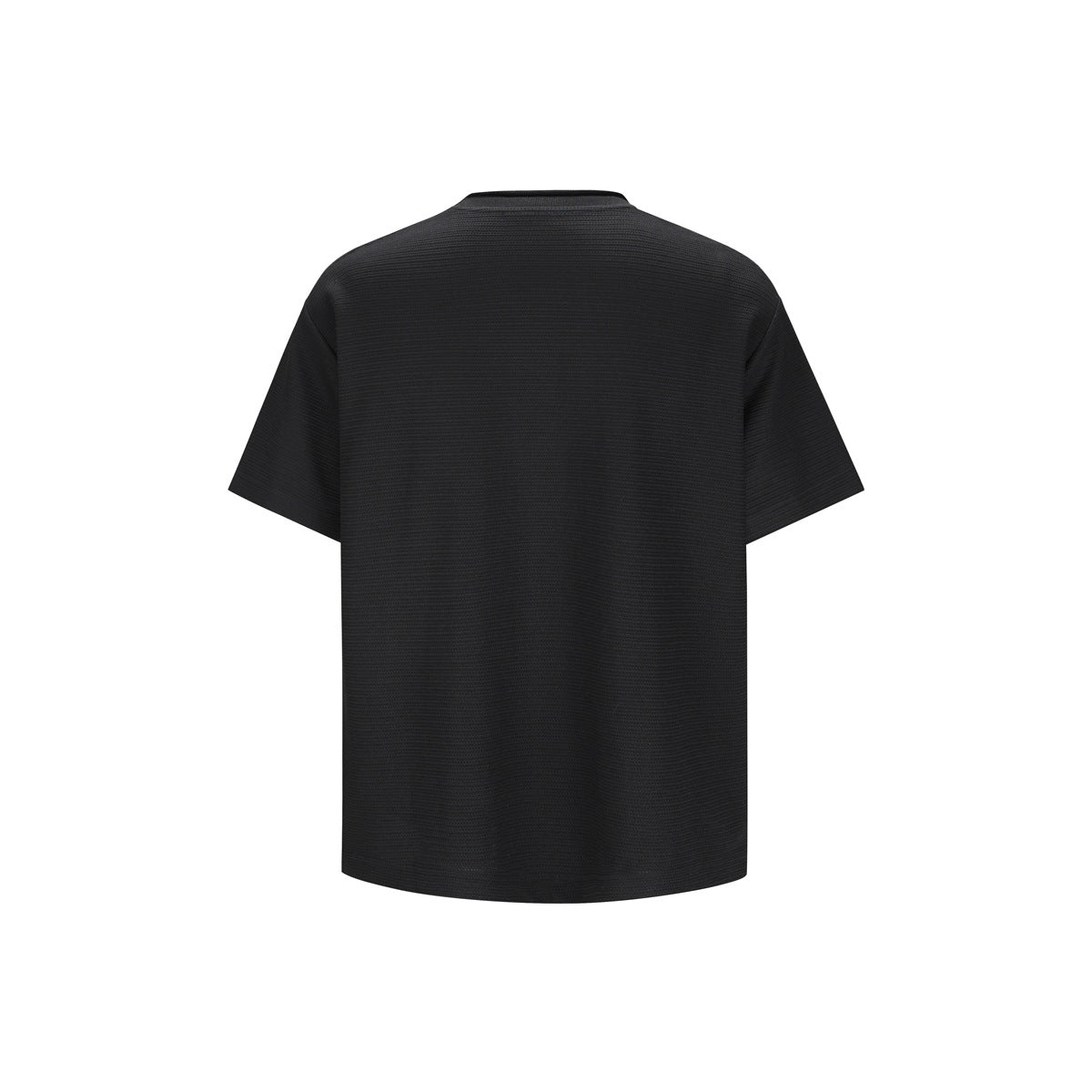 Back view of a plain black short-sleeve crew-neck T-shirt.