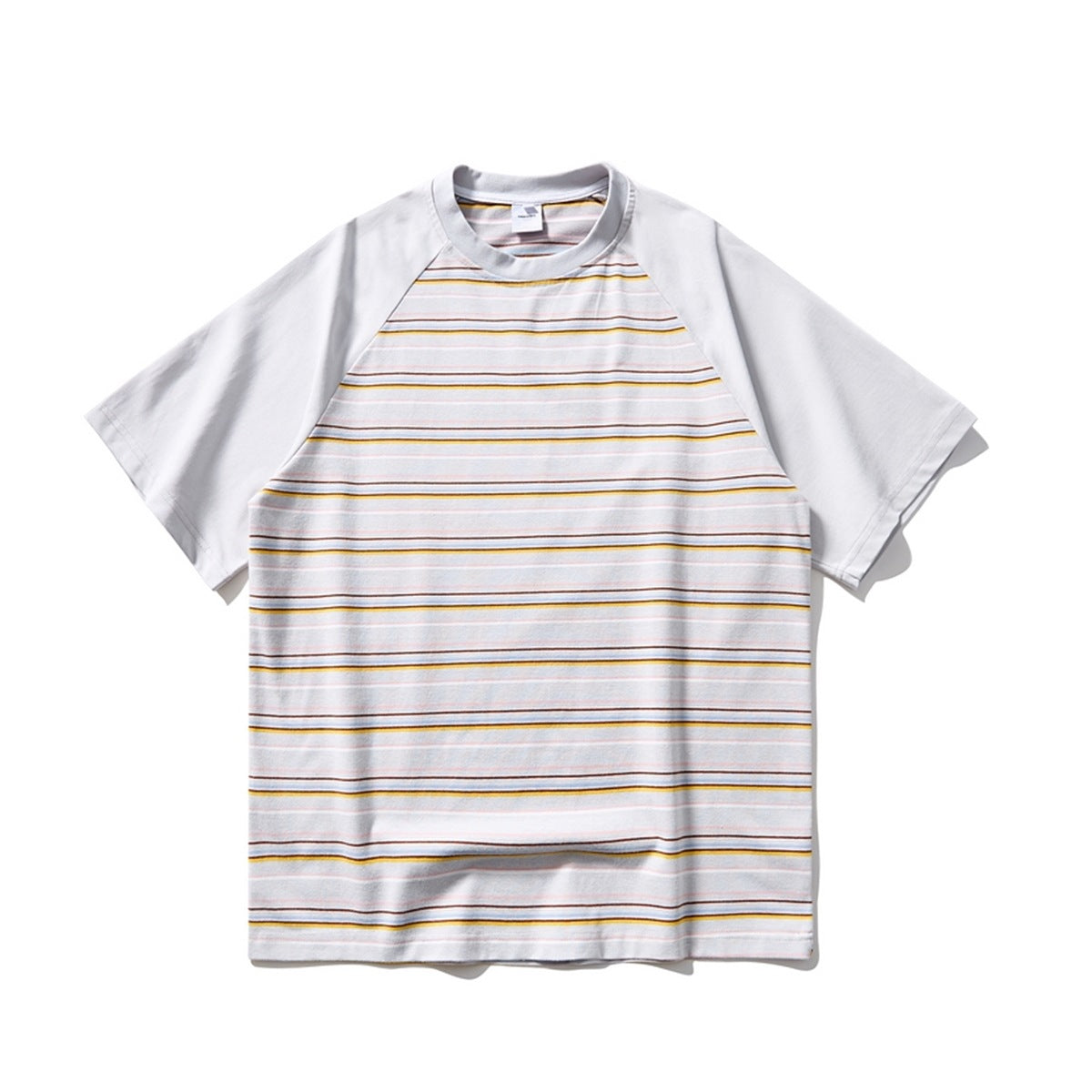 Light gray raglan short-sleeve T-shirt with pink, yellow, blue and brown horizontal stripes, flat lay front view