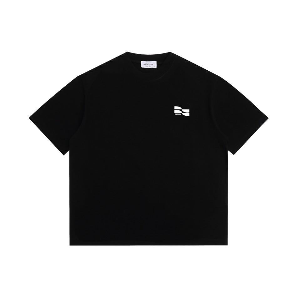 Black short-sleeve crew neck T-shirt flat lay with a small white wave logo and CHEMICAL text on the left chest