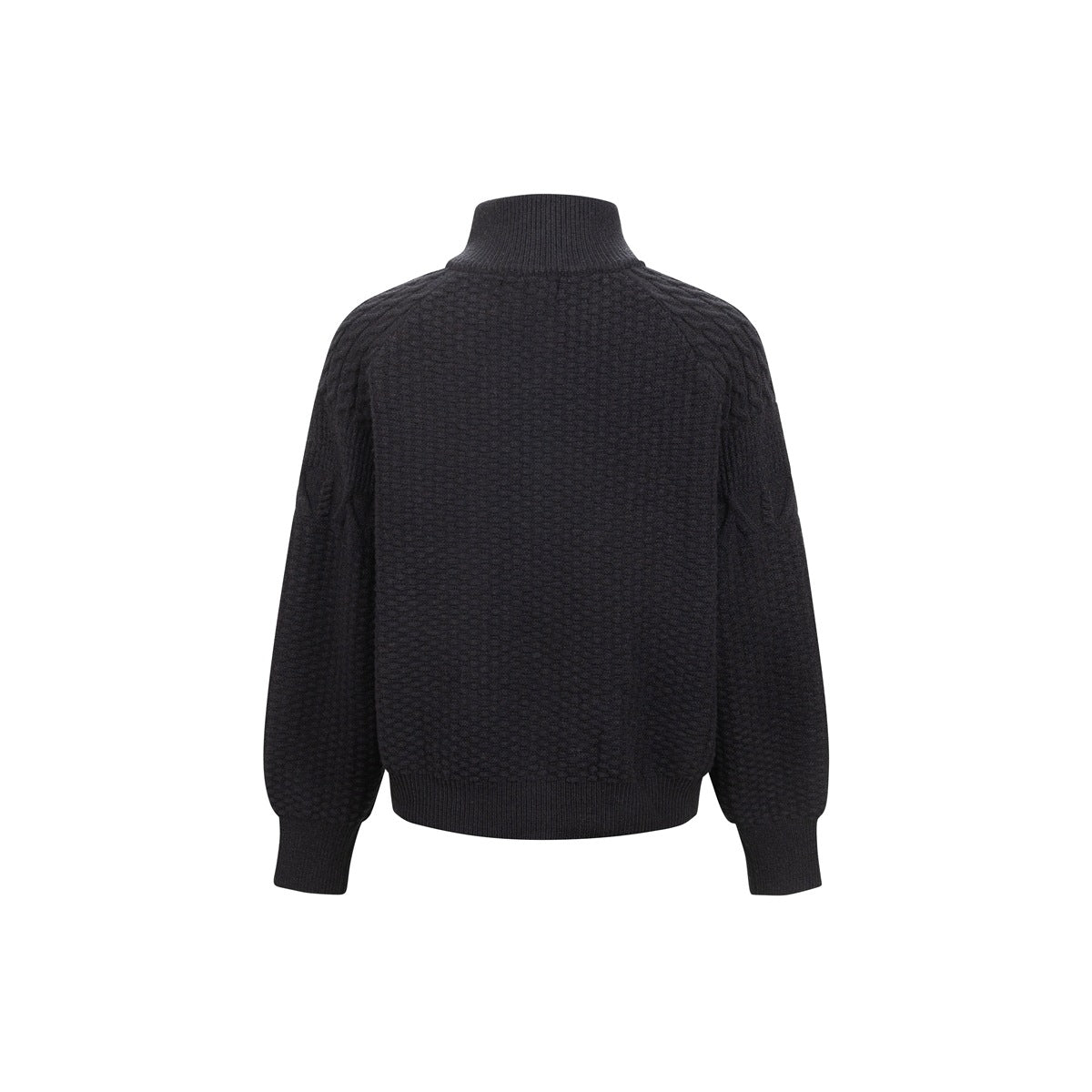 Back view of a dark charcoal cardigan with a high ribbed collar, textured knit, and ribbed cuffs and hem.
