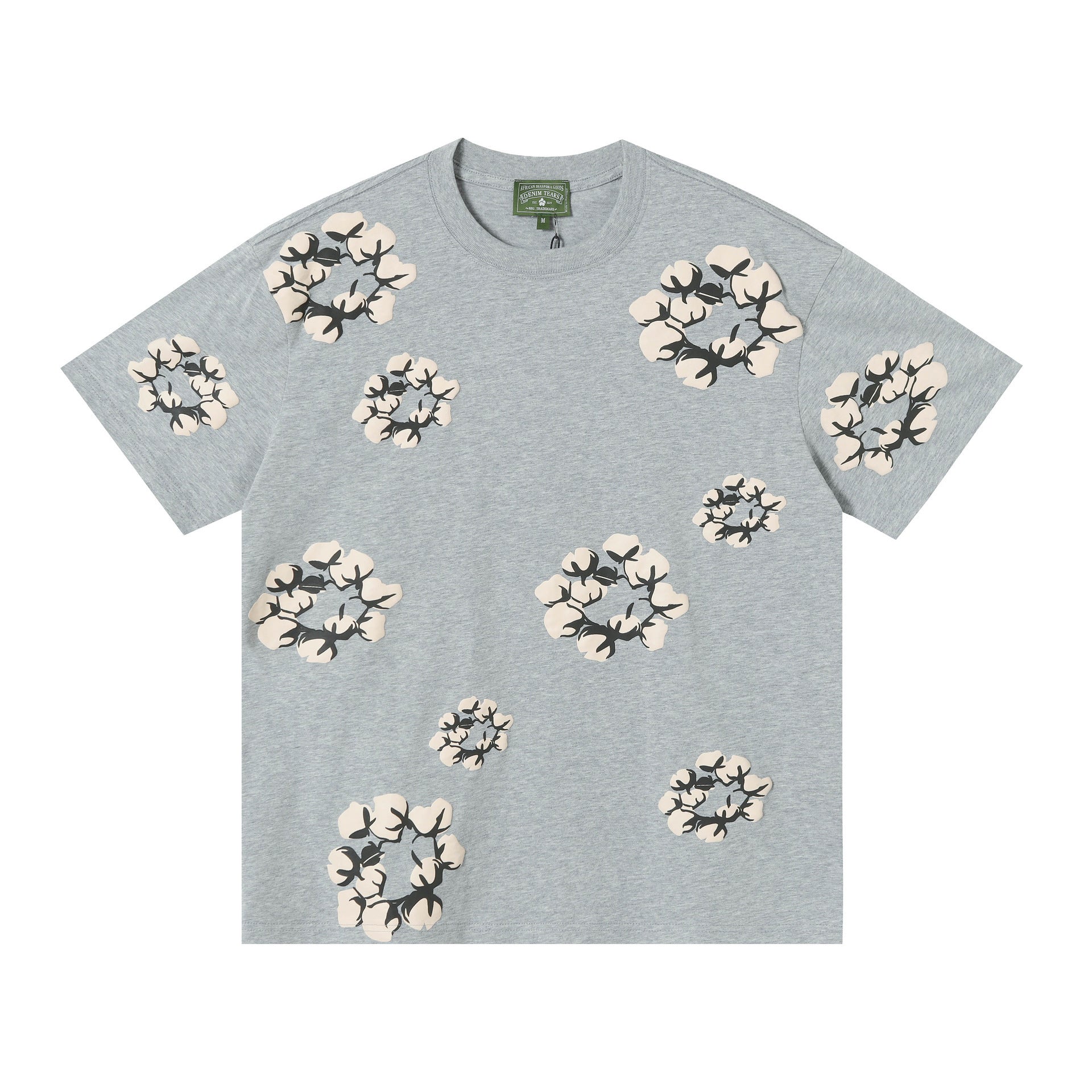 Denim Tears grey heather T-shirt with allover cotton wreath print on front and sleeves