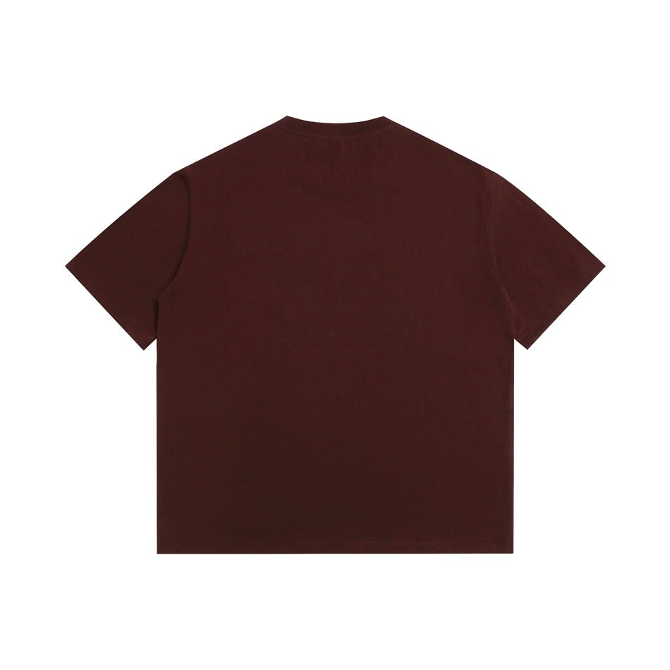 Back view of a plain burgundy short-sleeve crew-neck T-shirt.