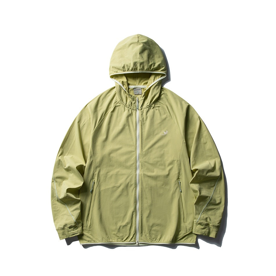 Light lime green hooded zip-up lightweight jacket flat lay with off-white zipper and piping