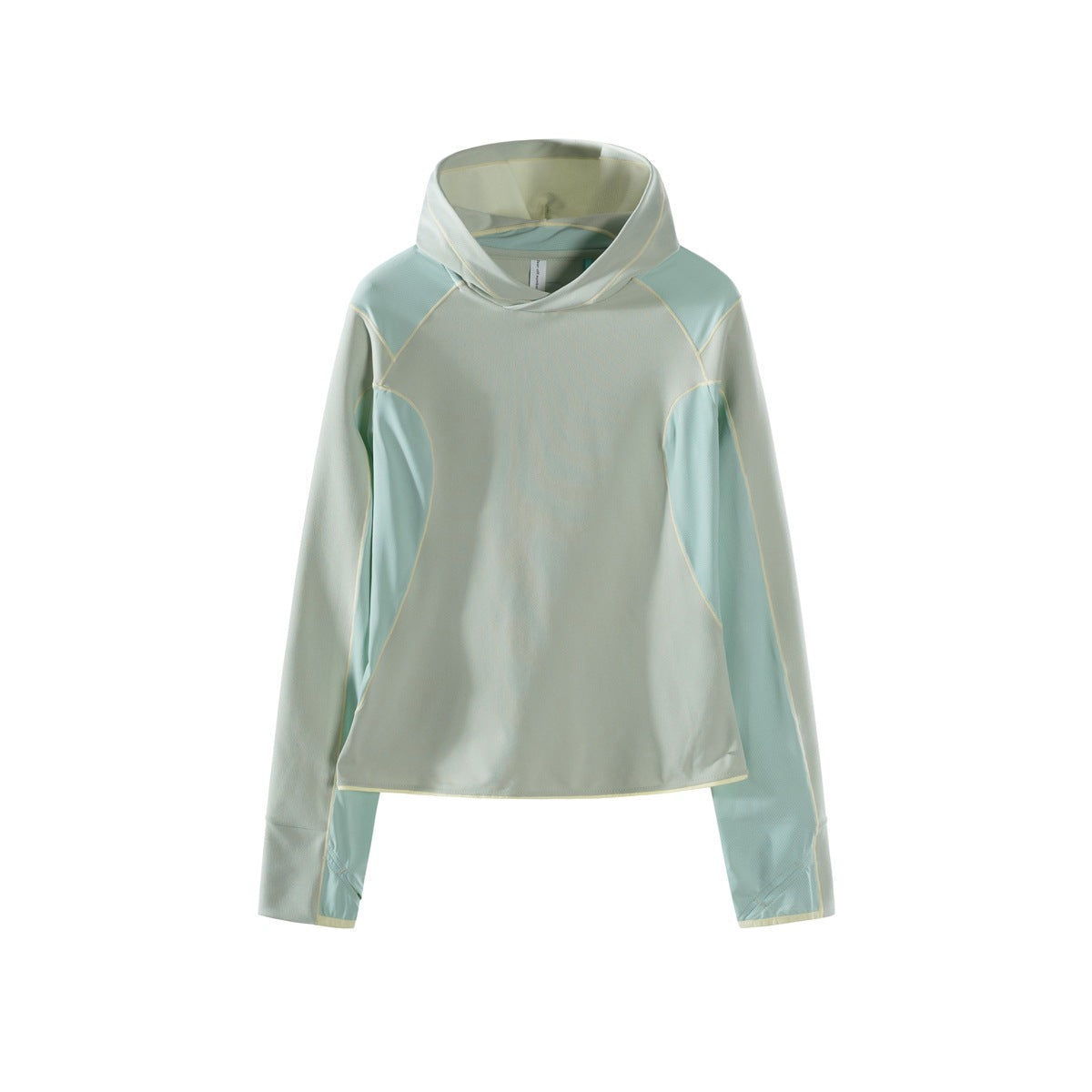 Light green pullover hoodie with aqua side and sleeve panels and pale yellow contrast stitching, flat front view