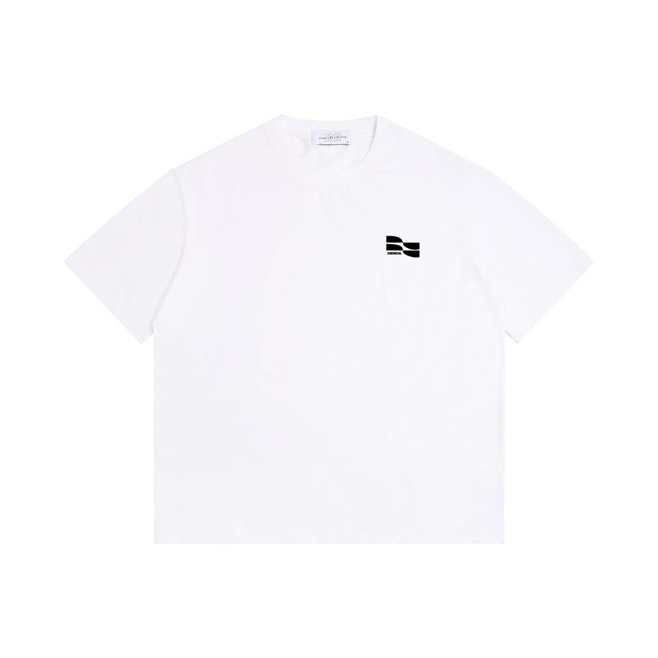 White short-sleeve crew neck T-shirt flat lay with a small black wave logo and CHEMICAL text on the left chest