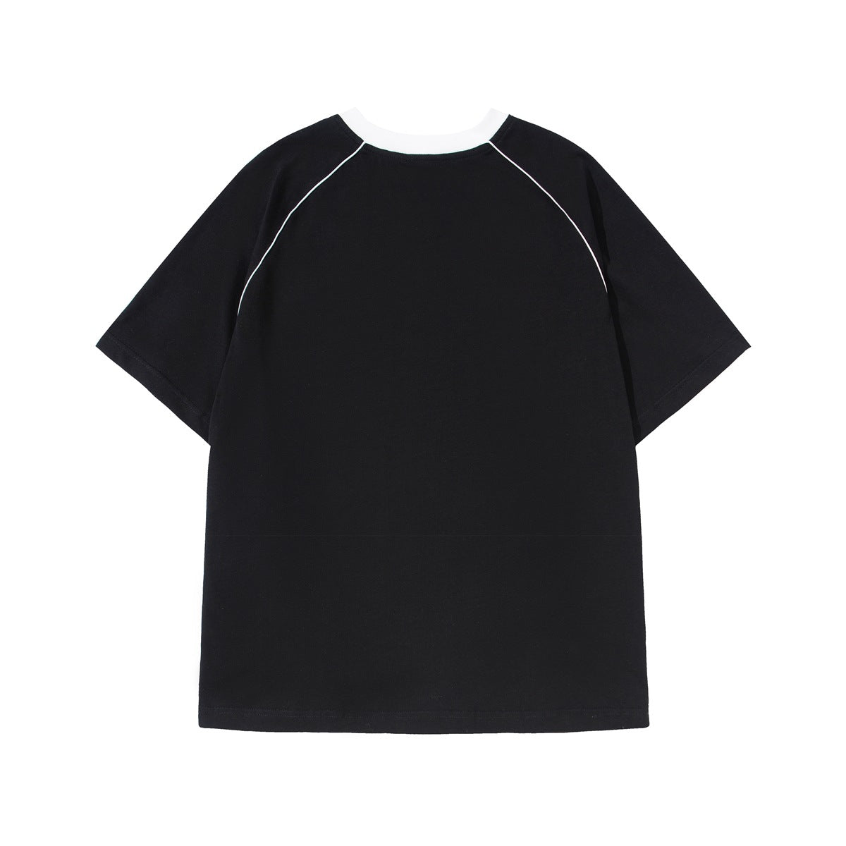 Back view of a black short-sleeve T-shirt with a white collar and thin white curved piping.