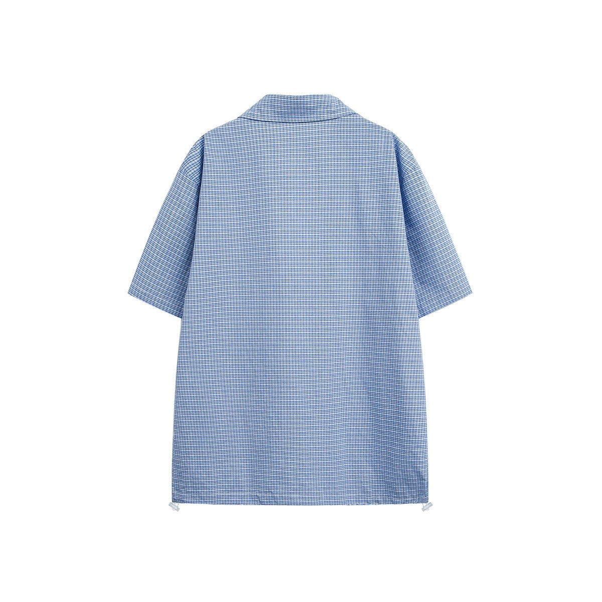 Back view of a blue-and-white checked short-sleeve shirt, shown flat against a white background.