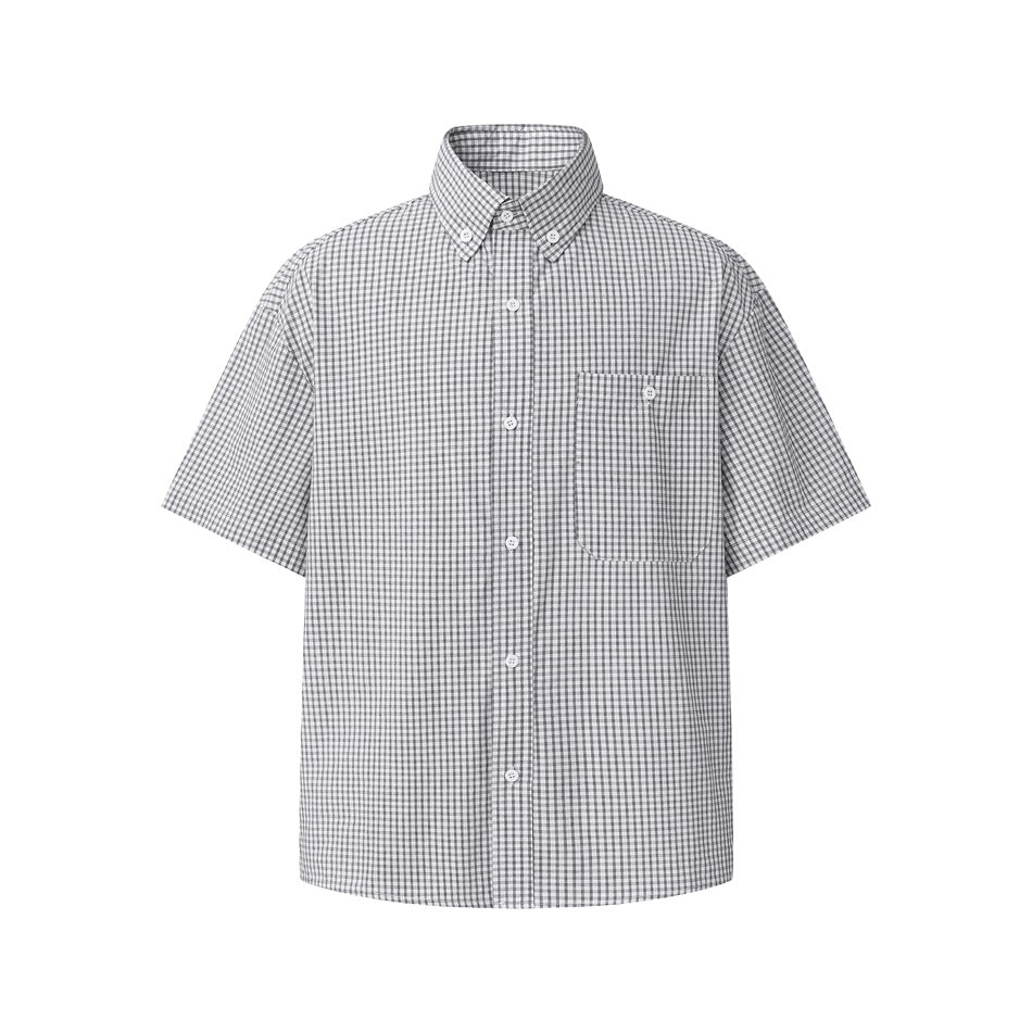 Front of a short-sleeve gingham check button-up shirt with button-down collar and chest pocket on a white background
