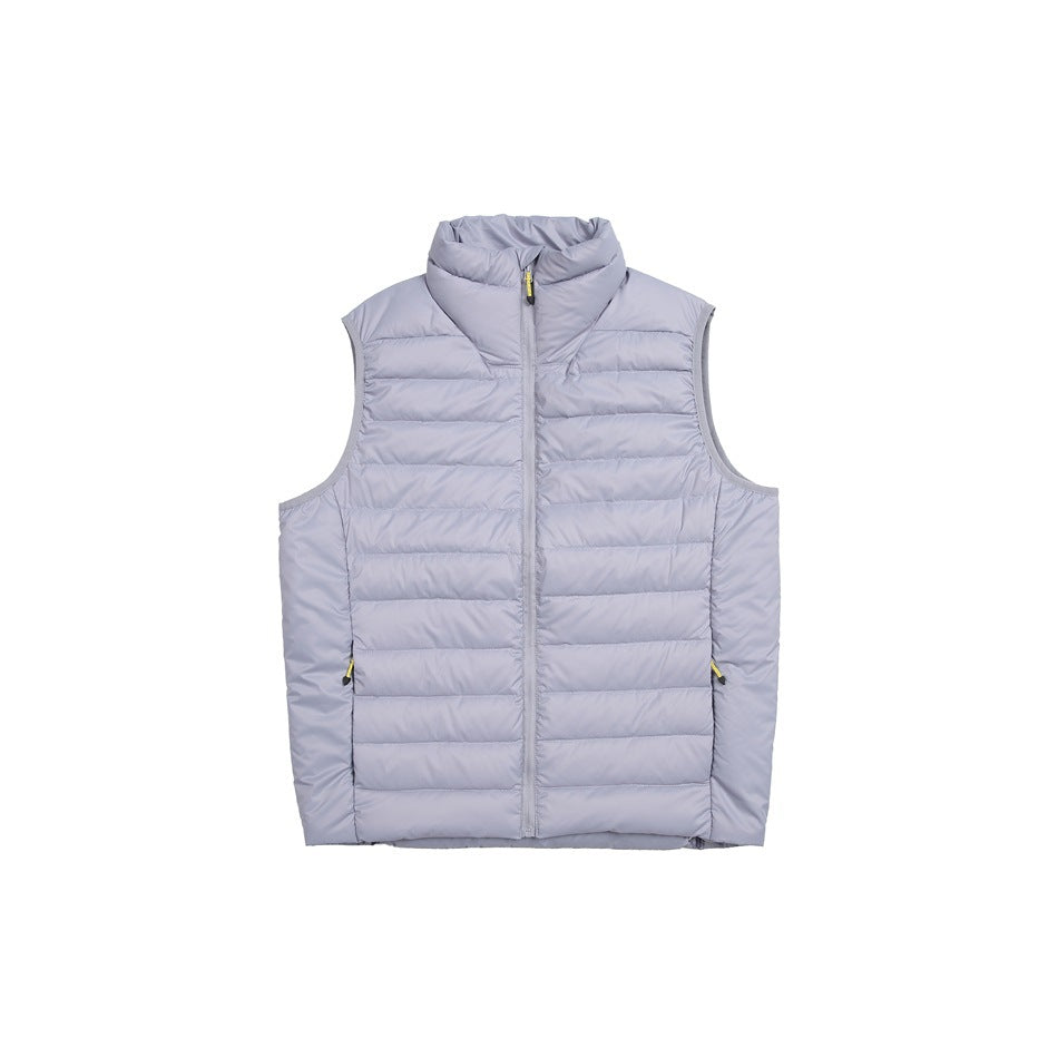Purple-gray quilted puffer vest with stand collar and front zipper, flat front view