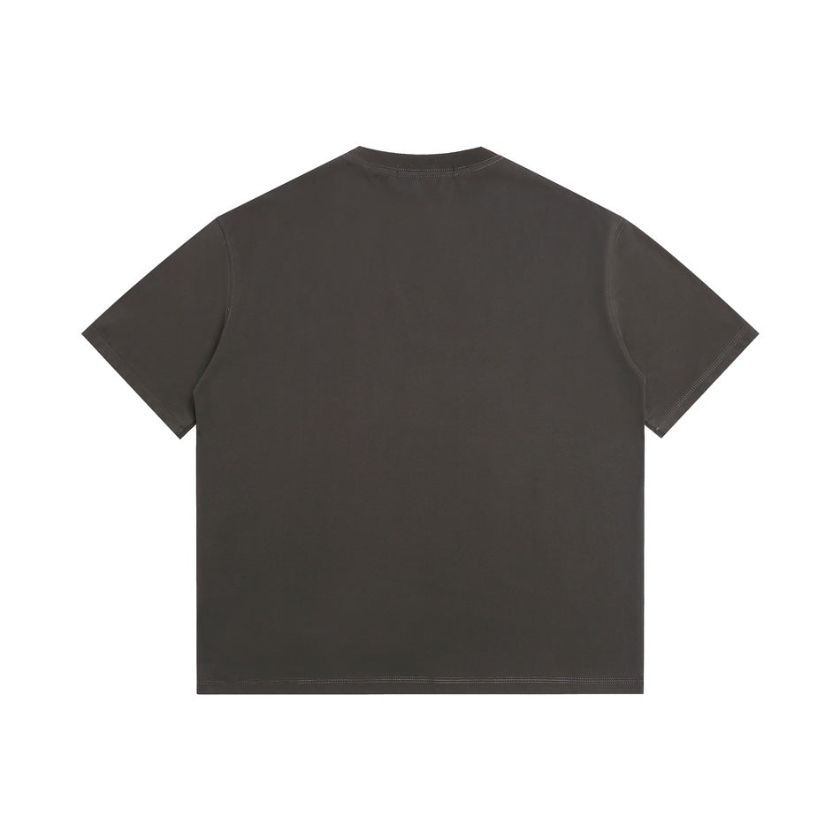 Back view of a plain charcoal-gray crew-neck T-shirt with short sleeves.