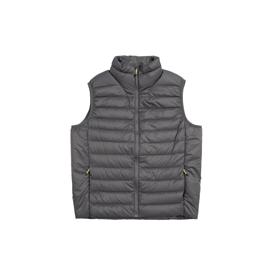 Dark gray quilted puffer vest with stand collar and front zipper, flat front view