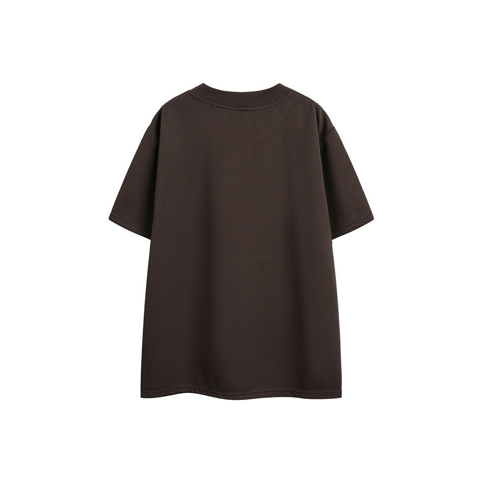 Plain dark brown short-sleeve T-shirt shown from the back against a white background.