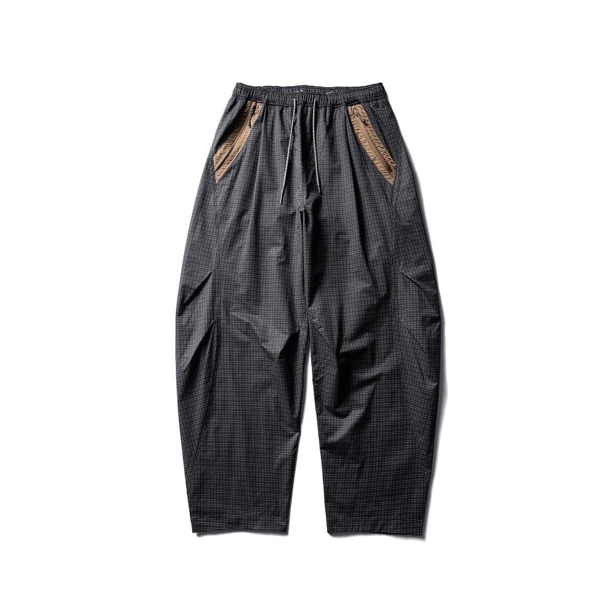 Dark charcoal check wide-leg pants with tan diagonal zip pocket trim, flat front view