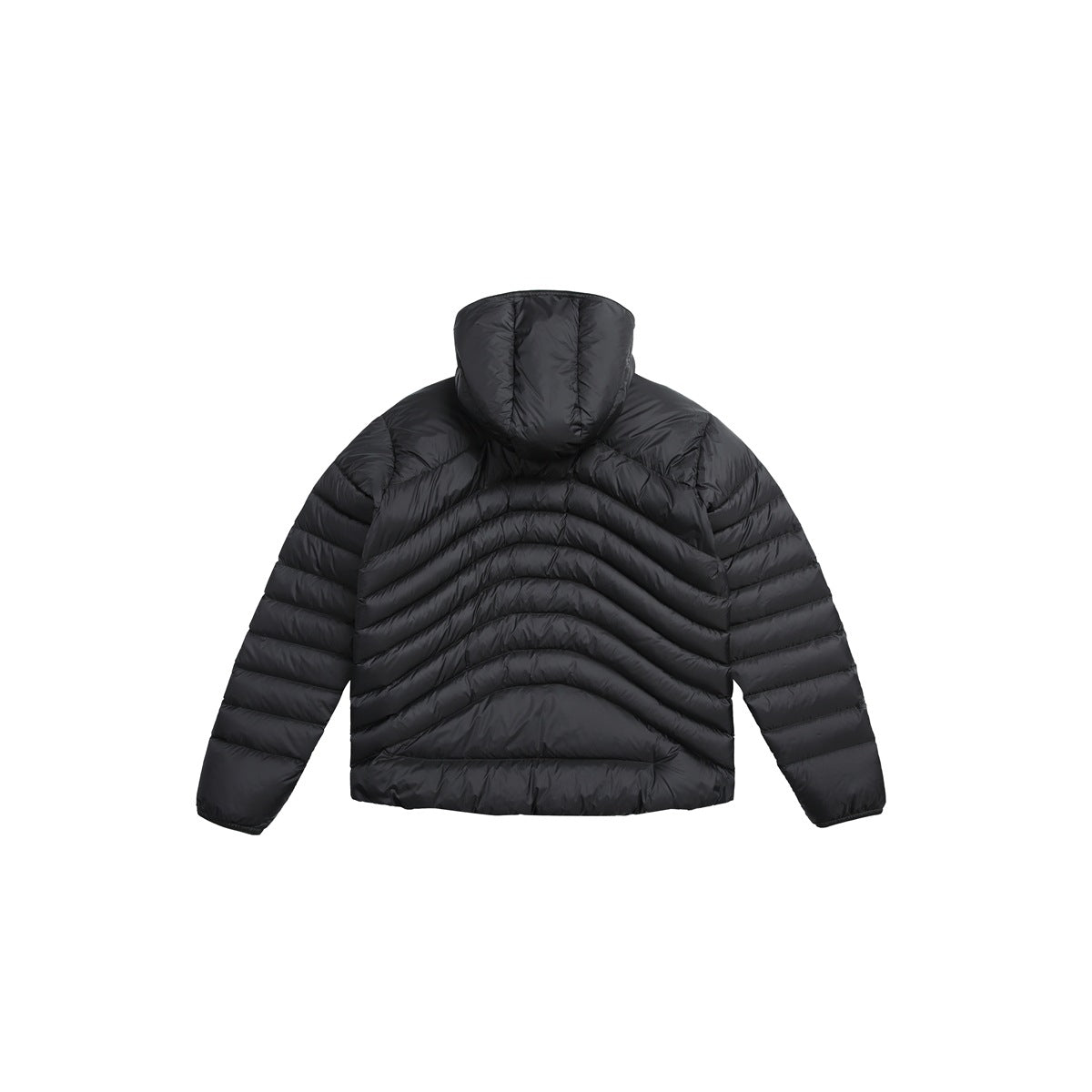 Back view of a black hooded puffer jacket with curved chevron quilting.