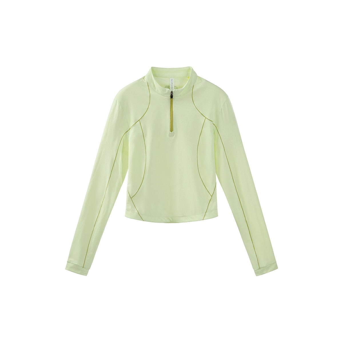Pale light green cropped half-zip long-sleeve top with olive contrast piping and zipper, flat lay