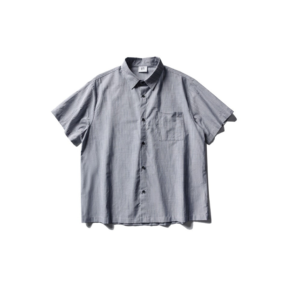 Gray pinstriped short-sleeve button-up shirt with chest pocket, flat lay front view