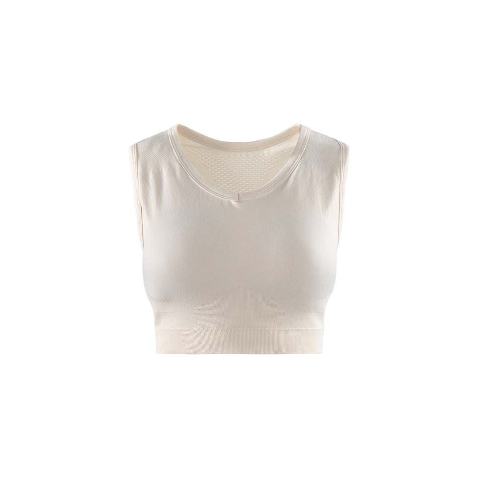 Light khaki cream sleeveless cropped top, front view, with a rounded neckline and a wide ribbed hem band
