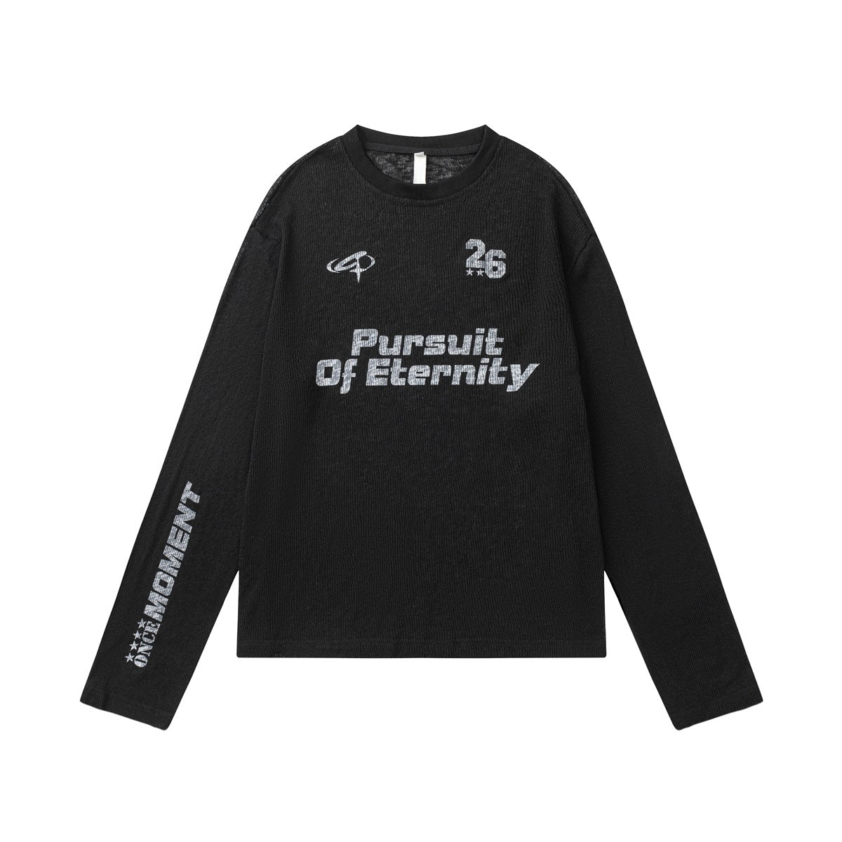 Black long-sleeve crew-neck top with gray 'Pursuit Of Eternity' chest print, 26 number and sleeve text, flat lay