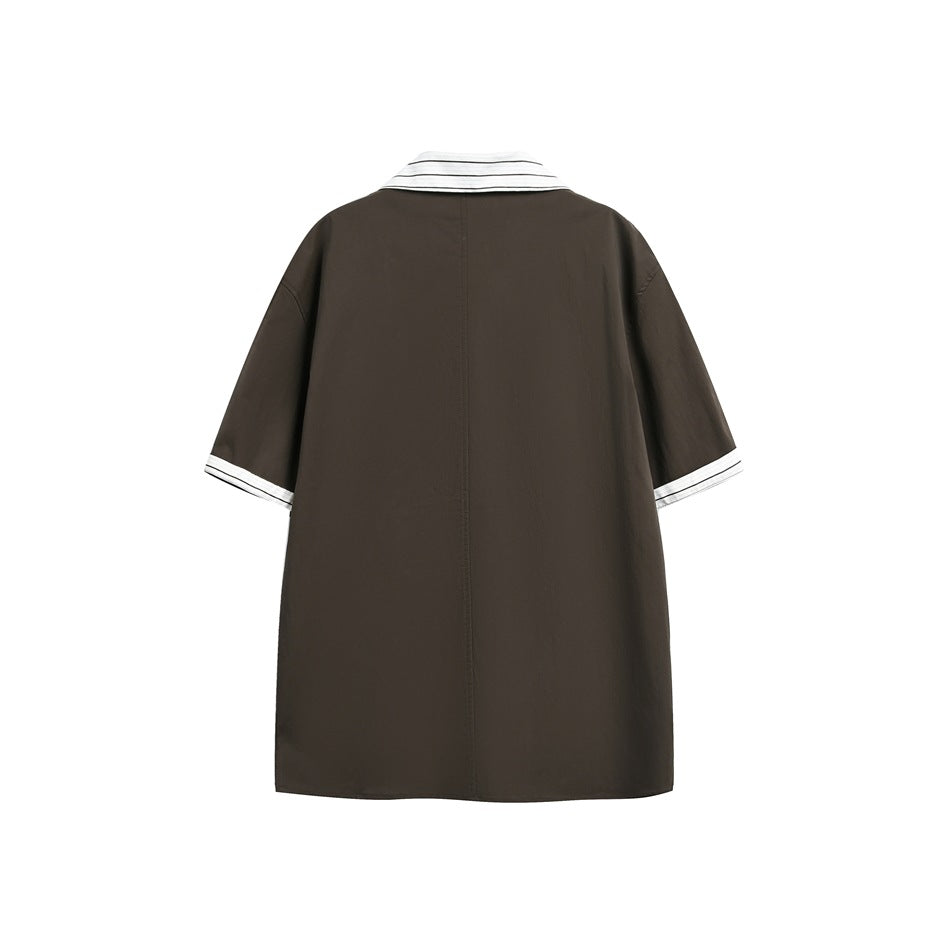 Back view of a dark brown short-sleeve shirt with a white striped collar and sleeve cuffs.