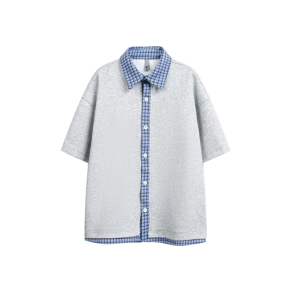 Heather gray short-sleeve top with blue plaid collar, button placket and hem layer, flat front view