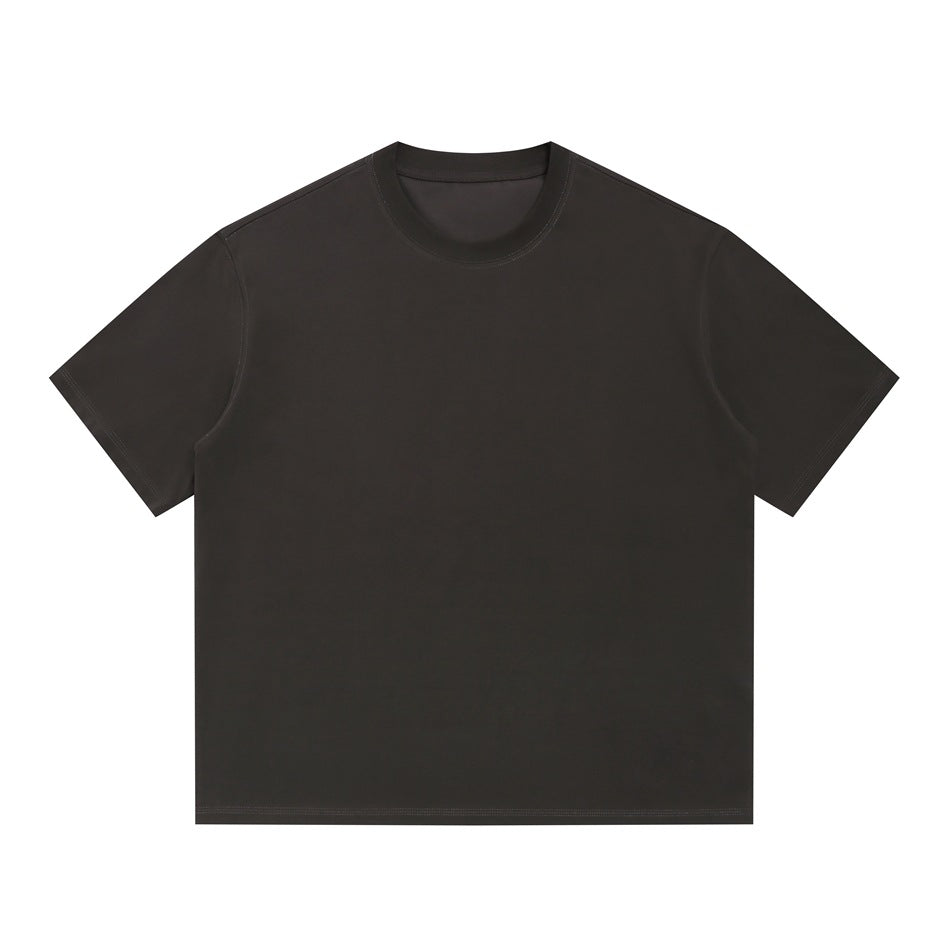 Dark gray short-sleeve crew neck T-shirt with tonal stitching, flat front view on a white background