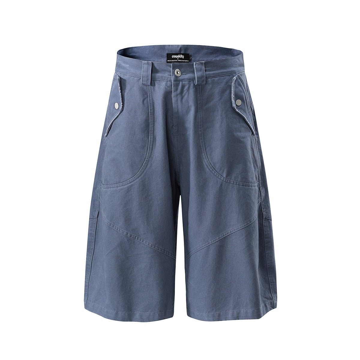Front view of workwear blue wide-leg knee-length shorts with snap flap pockets and curved seams