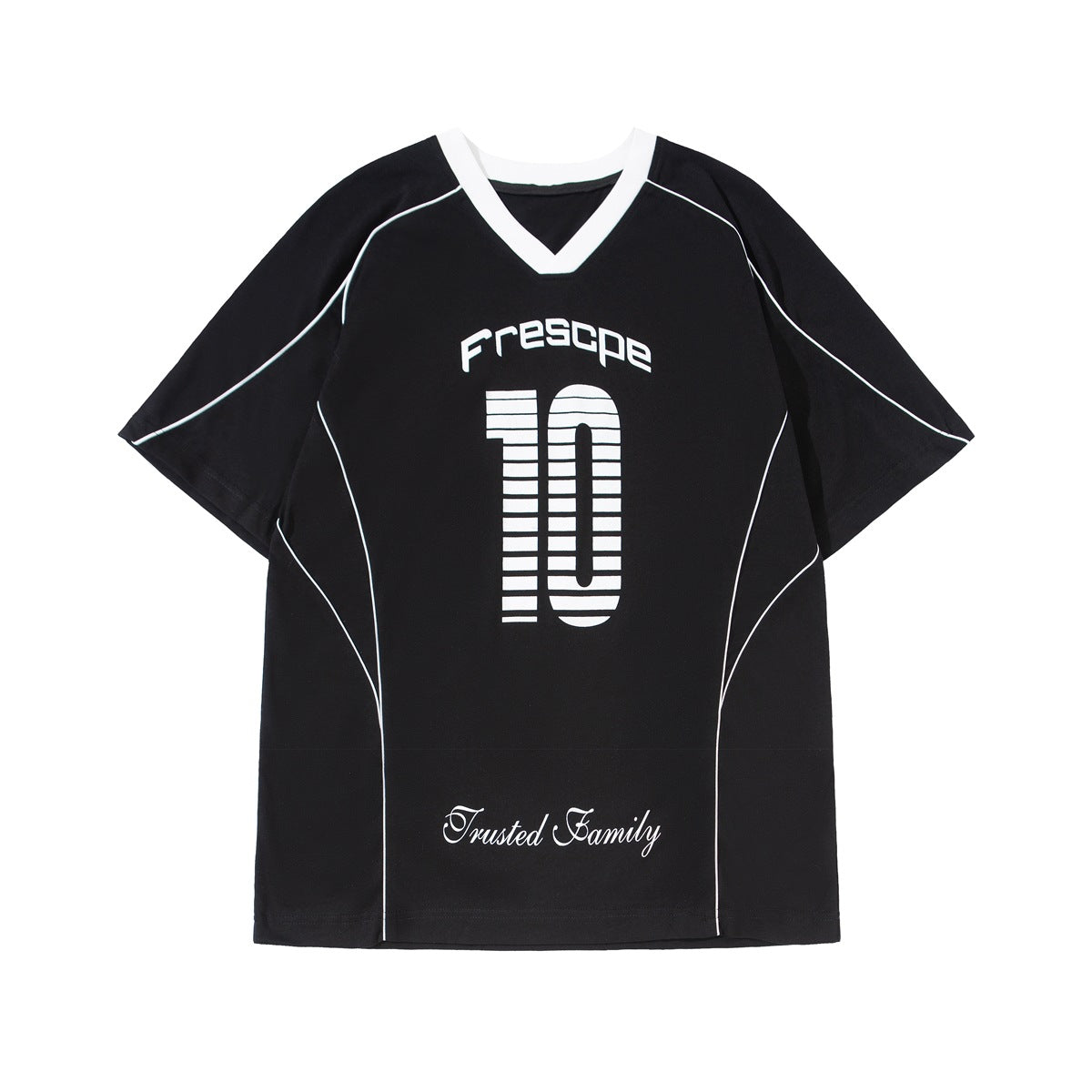 Black short-sleeve V-neck jersey T-shirt with white collar, white piping and printed striped number 10, front view