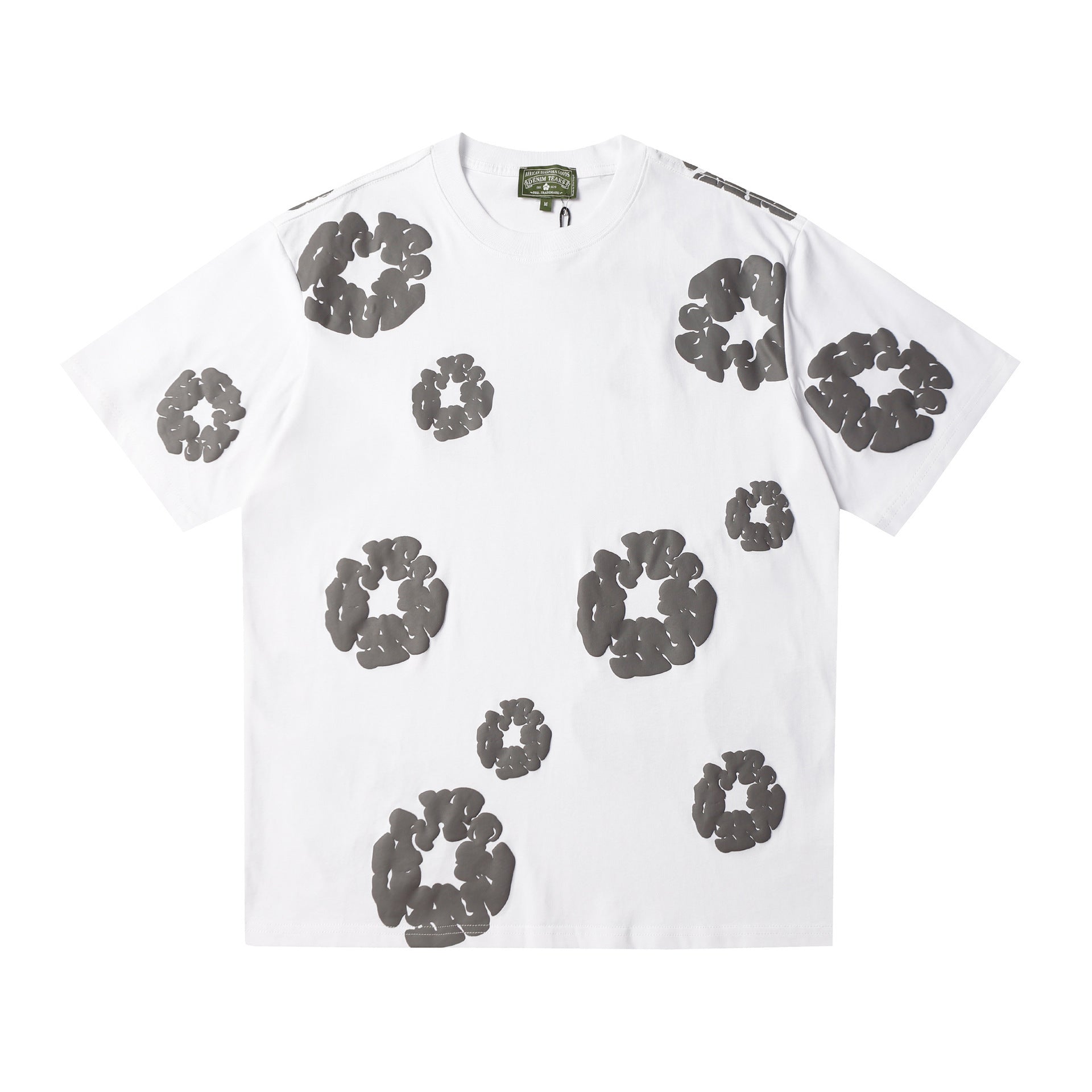 Denim Tears white cotton T-shirt with allover grey wreath graphic print on front and sleeves