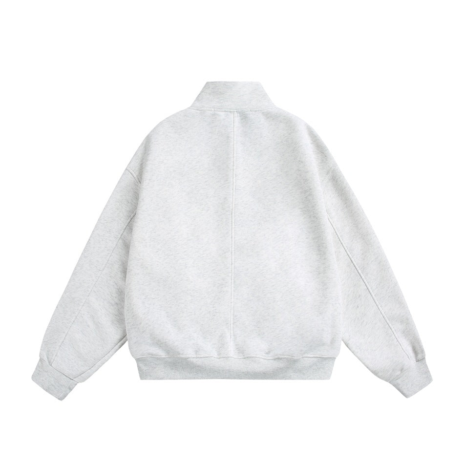 Back view of light heather gray stand-collar sweatshirt, flat lay, with center back seam and ribbed cuffs and hem